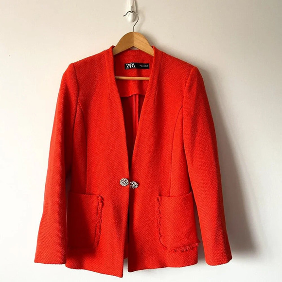 Zara Rhinestone  Jewel Button Blazer & Skirt Set Orange Size Medium Blogger Fav - Picture 8 of 16